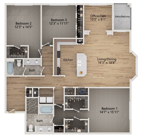 A floor plan of a home with four bedrooms, a living/dining area, a kitchen, and a bathroom.